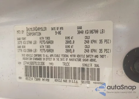 2007 Dodge Ram 1500 Slt z USA, uszkodzony, nr VIN 1D7HA18267S131336